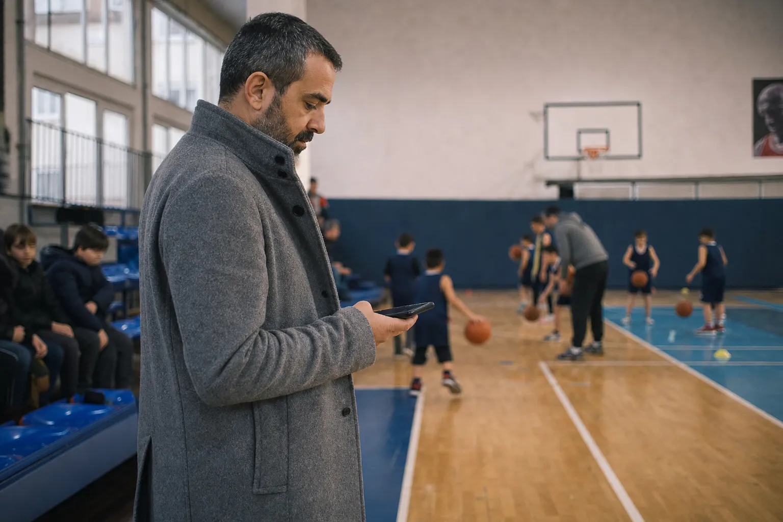Veli spor salonunda antrenmanı izlerken telefonuna bakıyor
